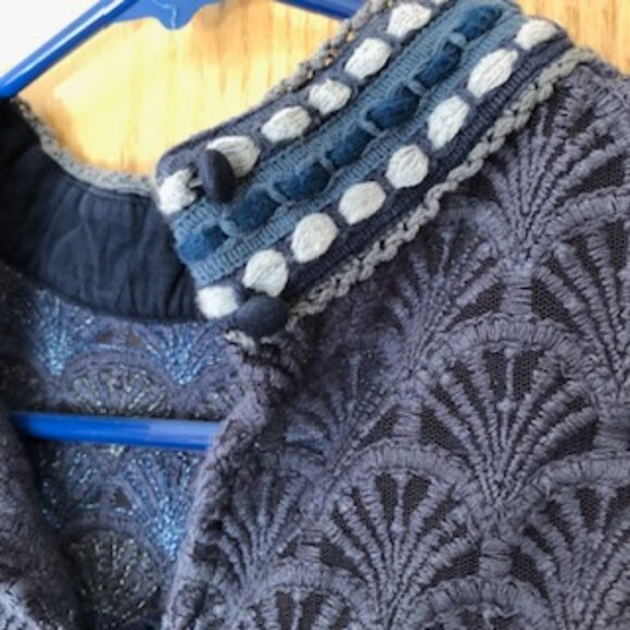 Anthropologie Blank London Boho Dark Blue Textured Collared Sheer Blouse Small - Picture 4 of 9